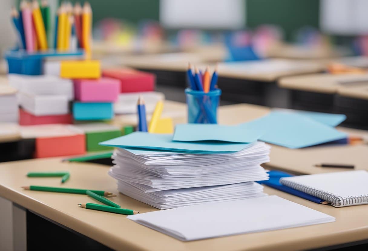 A stack of Year Six SATs papers sits on a teacher's desk, surrounded by pencils and erasers. A question mark hovers above them, symbolizing uncertainty