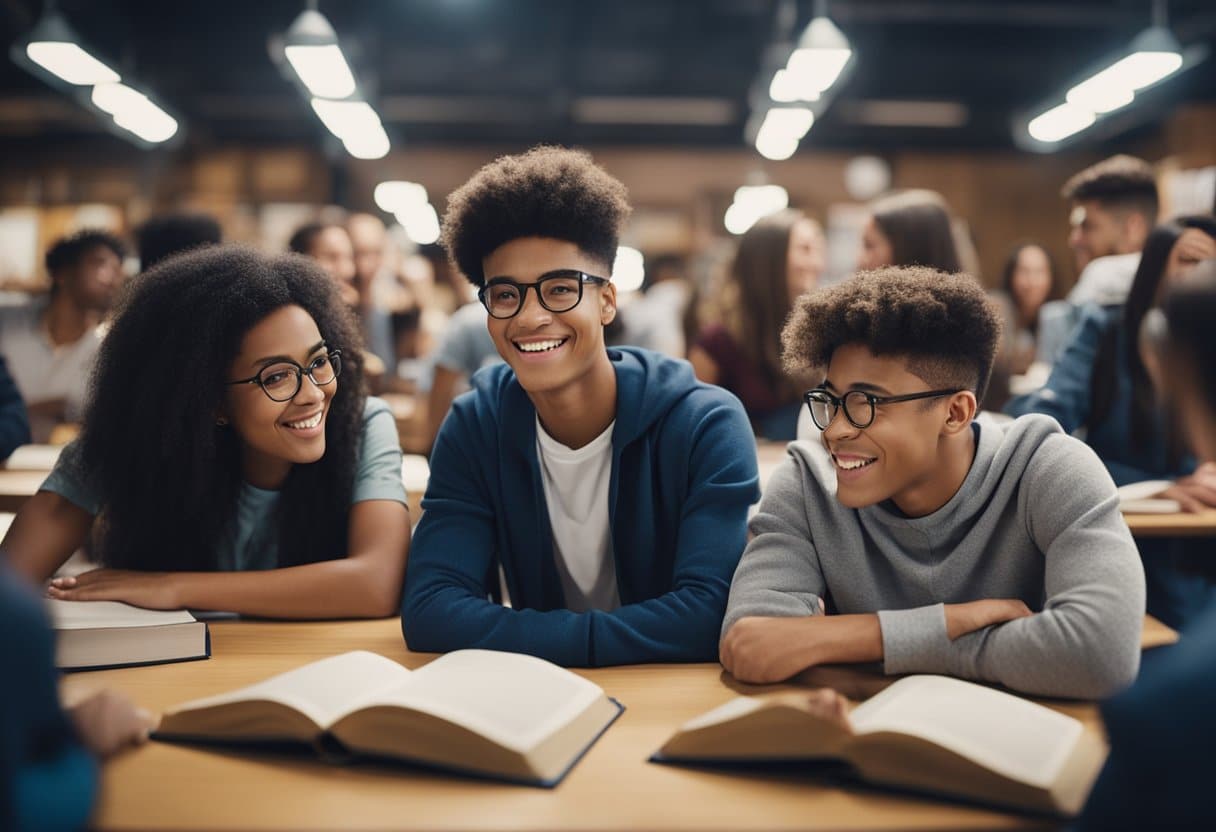Students celebrating the end of SATs, looking ahead to the future. Books and study materials are pushed aside as they eagerly discuss their plans