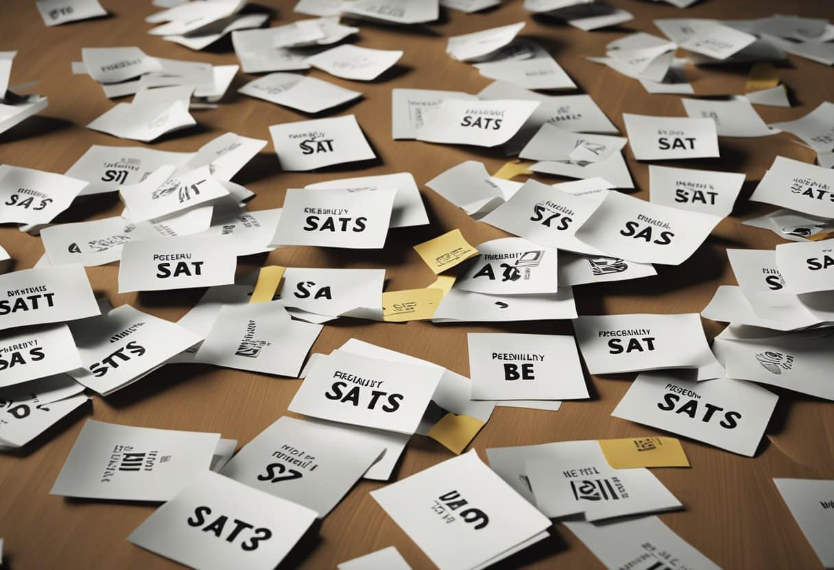 A pile of discarded Year Six SATs papers lies scattered on the floor, with a sign reading "Frequently Asked Questions Will Year Six SATs Be Scrapped?" in bold letters