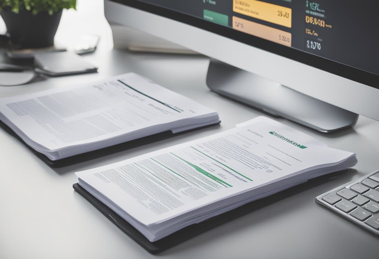 A stack of SAT score reports lays on a desk, with a computer screen displaying the SAT results publication website in the background