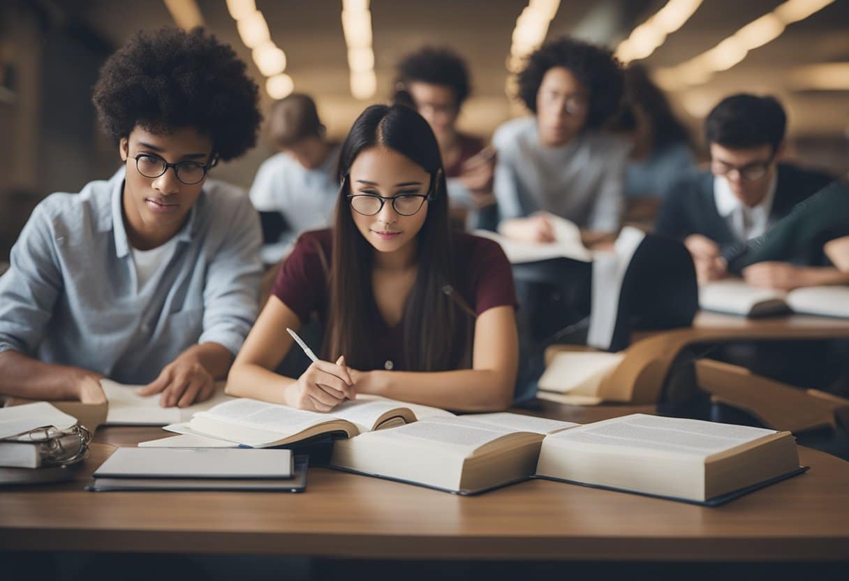 Students studying with books and notes, surrounded by test prep materials, struggling to understand difficult SAT sections