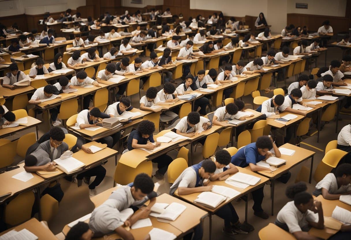 A crowded room filled with anxious students, textbooks scattered, and pencils scratching on answer sheets. A clock on the wall ticks loudly, adding to the tension in the air