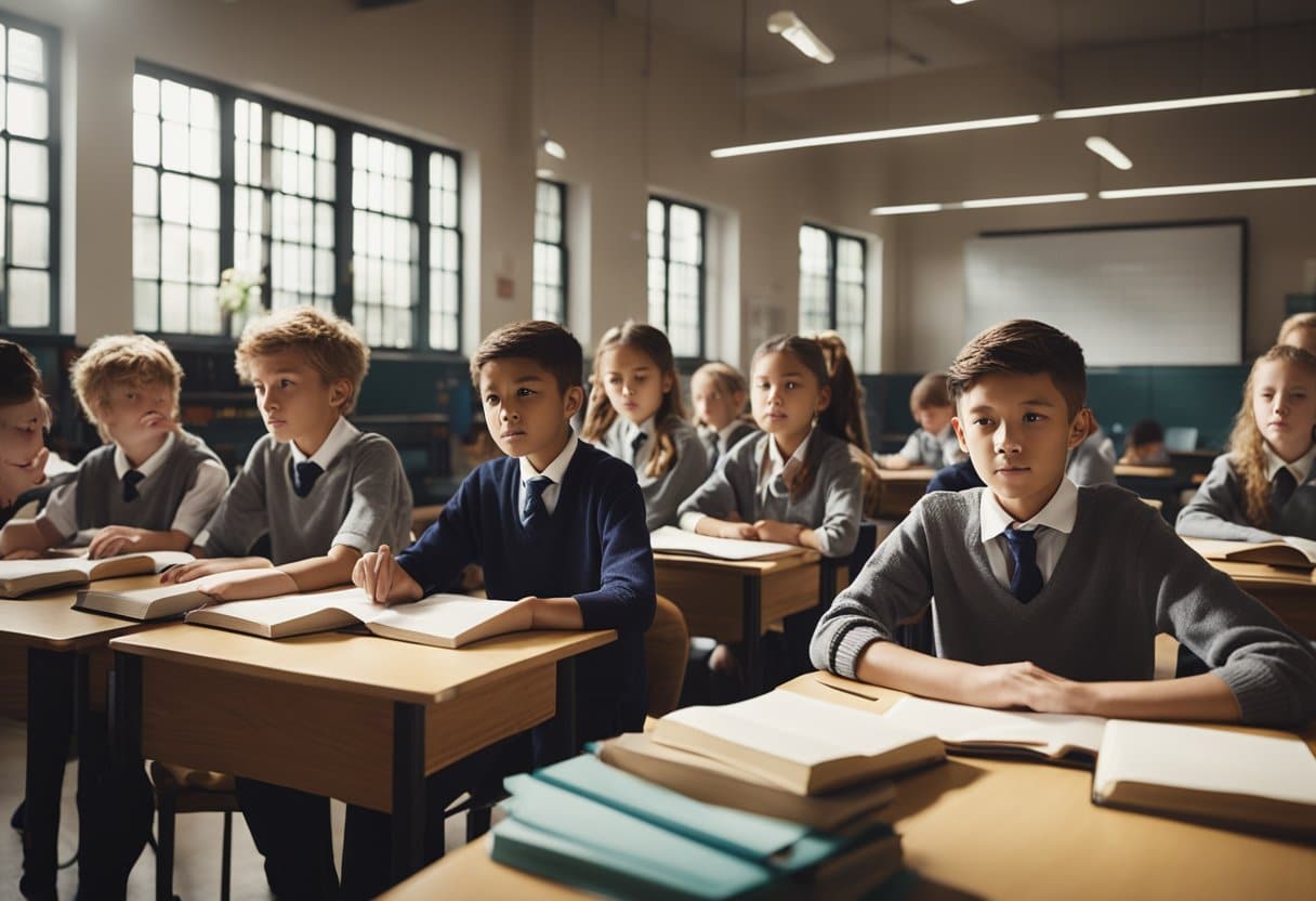A group of Year Six students eagerly await their SATs reading results, hoping to meet the pass mark. The tension is palpable as they gather around their teacher, nervously anticipating the outcome