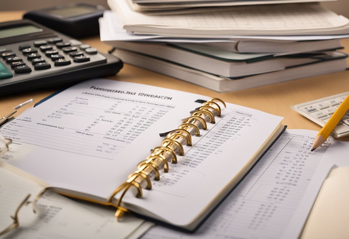 A stack of math textbooks and practice papers arranged neatly on a desk, with a calculator and pencil ready for use