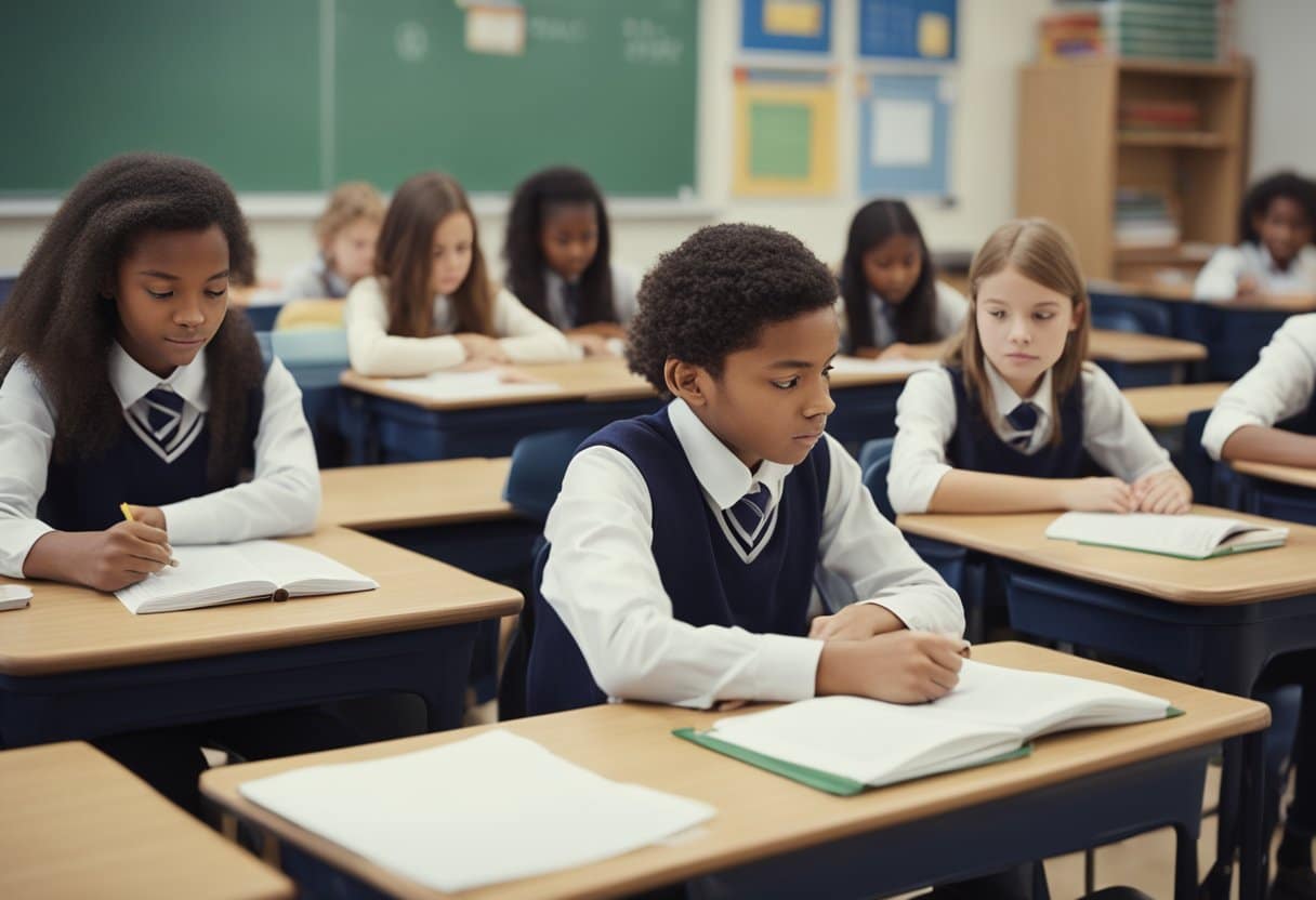 A group of students sits in a quiet classroom, focused on their Year Six SATs SPAG test. Papers and pencils are scattered across their desks as they carefully answer each question