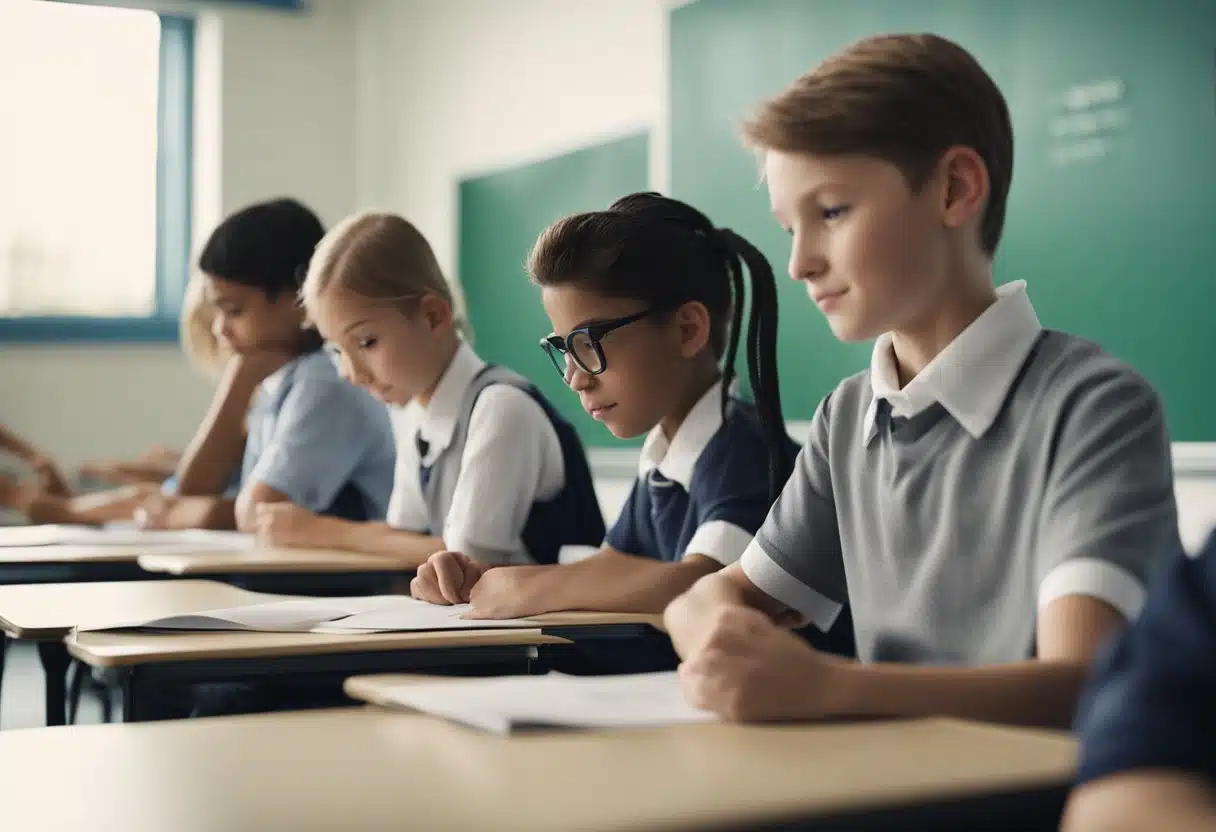 A group of Year 6 students sit in a classroom, taking the SATs SPAG test. The room is quiet as they carefully read and answer the questions on their papers