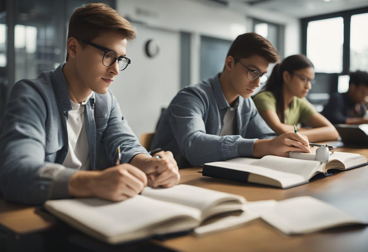Students studying with books, notes, and a laptop. A clock on the wall shows time passing. An open test booklet and pencil sit on the desk