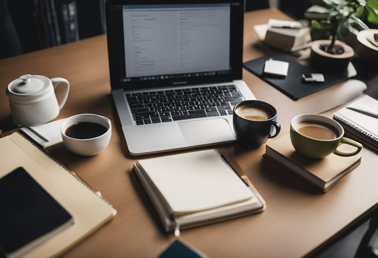 A desk with open books, a laptop, and SAT prep materials scattered around. A cup of coffee sits next to a notepad filled with study notes