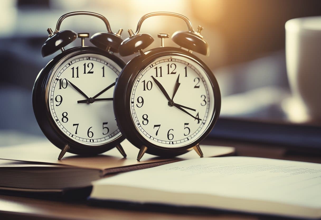 Students gather study materials, practice tests, and notes. A clock shows the time ticking towards the exam date. An open book displays SAT preparation strategies