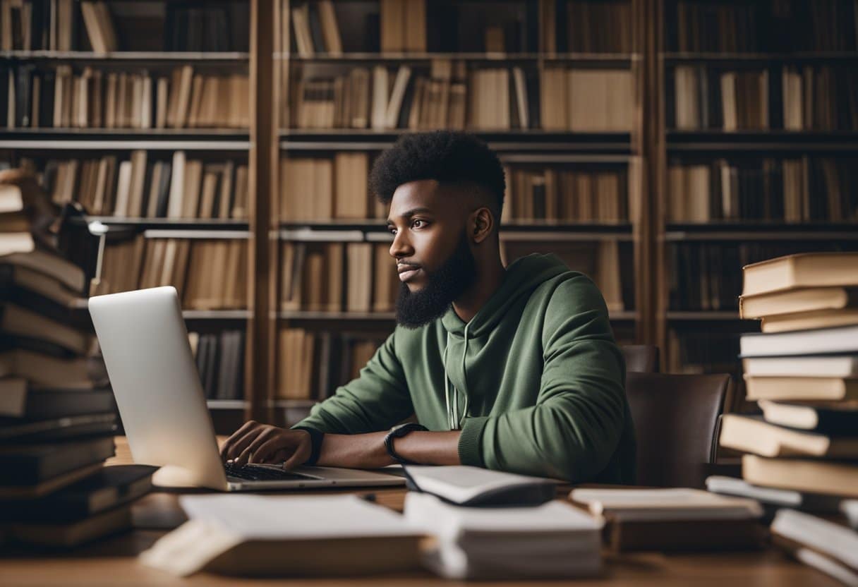 A student sits at a desk, surrounded by books and a laptop. They are searching for SAT resources online, with a determined look on their face