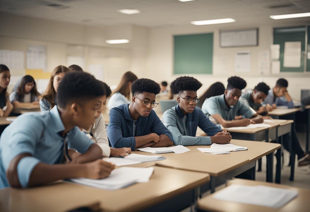 A group of frustrated students sit at desks, struggling with standardized test papers. A clock on the wall ticks loudly