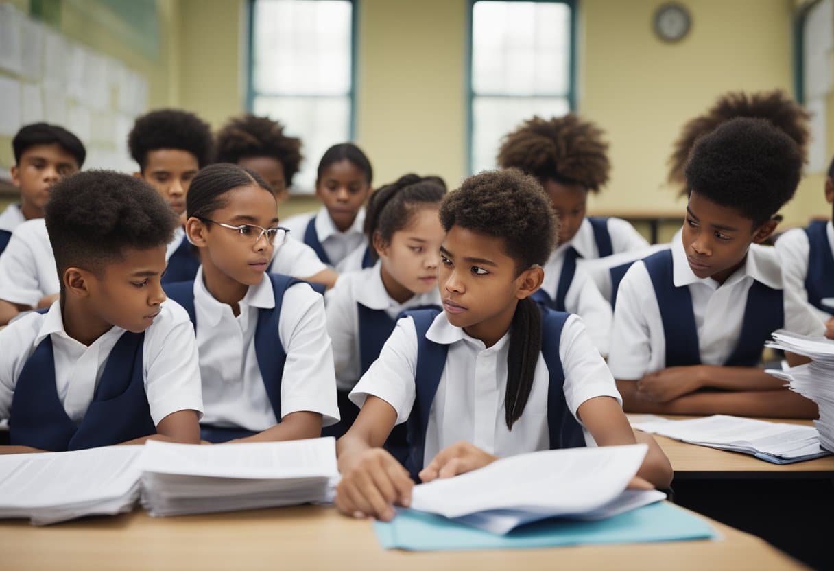 A group of Year Six students sit in a classroom, surrounded by piles of test papers. Frustration and confusion are evident on their faces as they struggle to interpret their SATs results