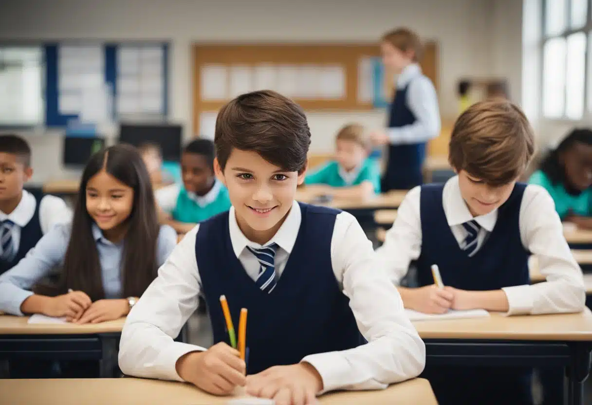 A classroom with students engaged in hands-on, collaborative learning activities, while the Year Six SATs test sits untouched on the teacher's desk