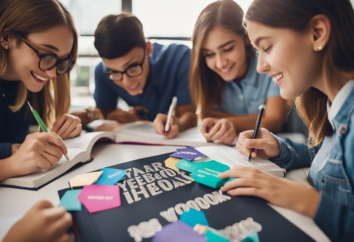 A group of students signing each other's yearbooks, surrounded by colorful decorations and a banner that reads "Year Six Yearbook Ideas."