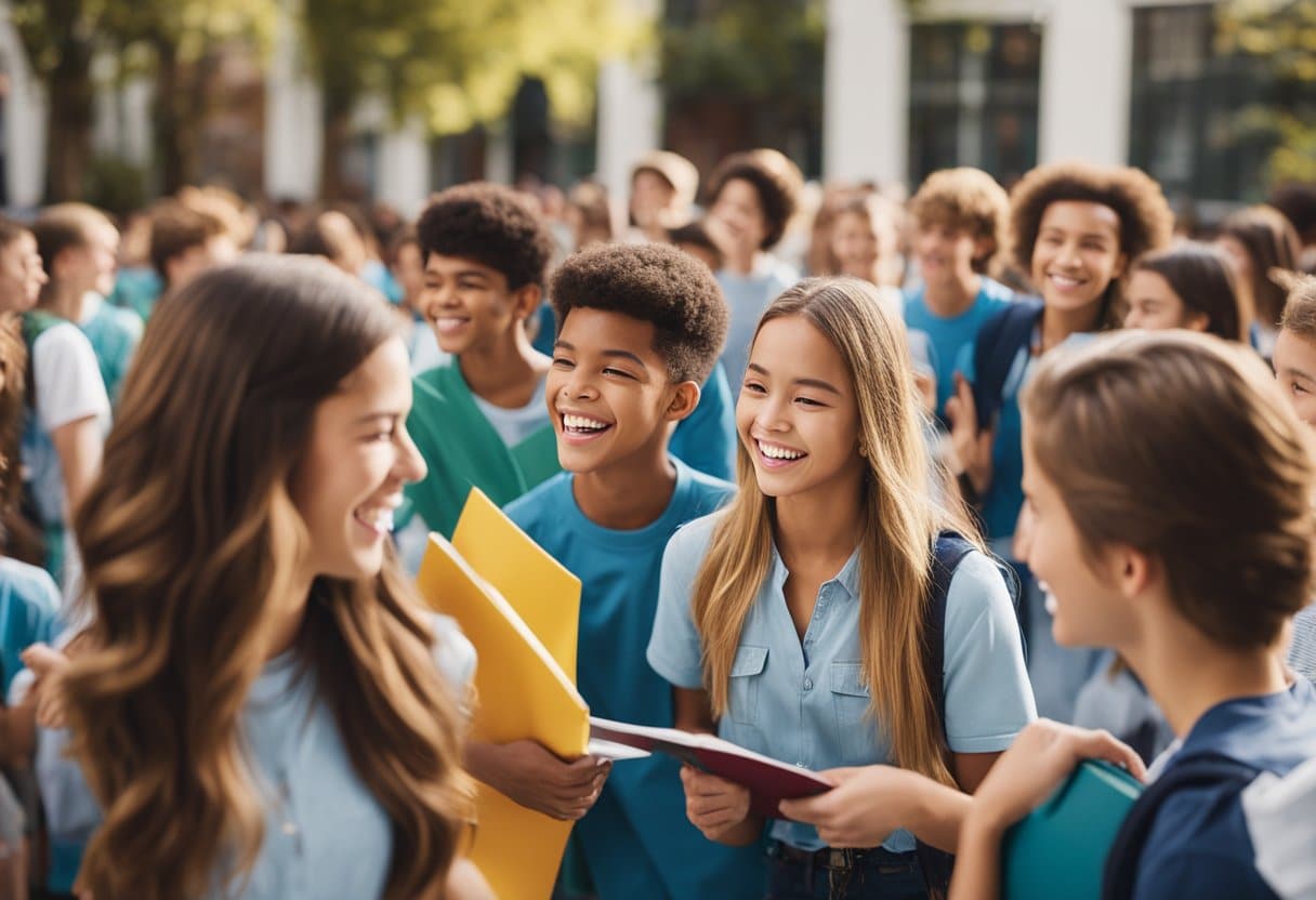 Students laughing, playing games, and signing yearbooks in a colorful, bustling school courtyard. Bright banners and decorations add a festive atmosphere