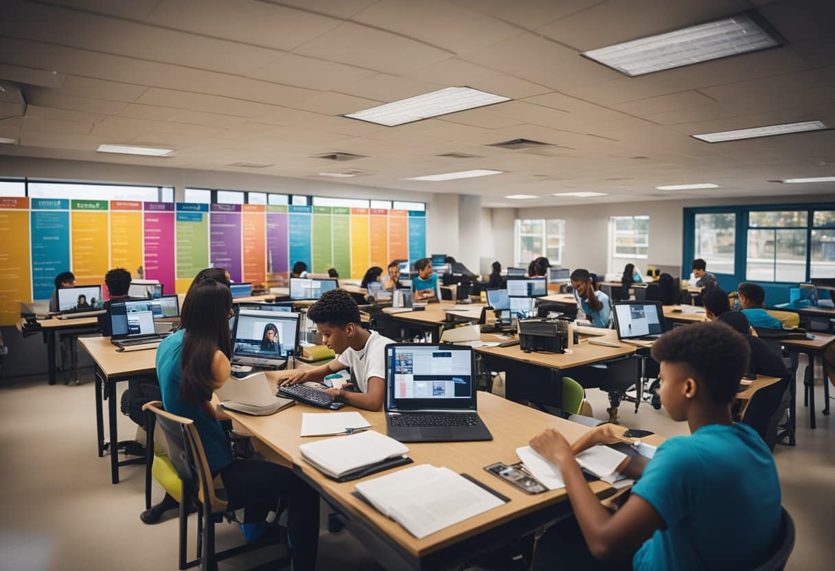 A classroom with students working on yearbook layouts, surrounded by colorful posters and photography equipment