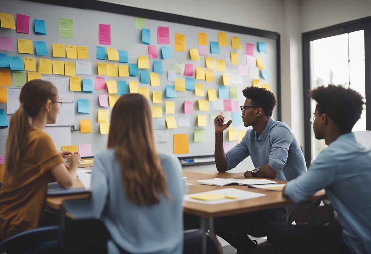 A group of students brainstorming yearbook ideas, surrounded by colorful posters and sticky notes, with a whiteboard filled with potential themes and designs