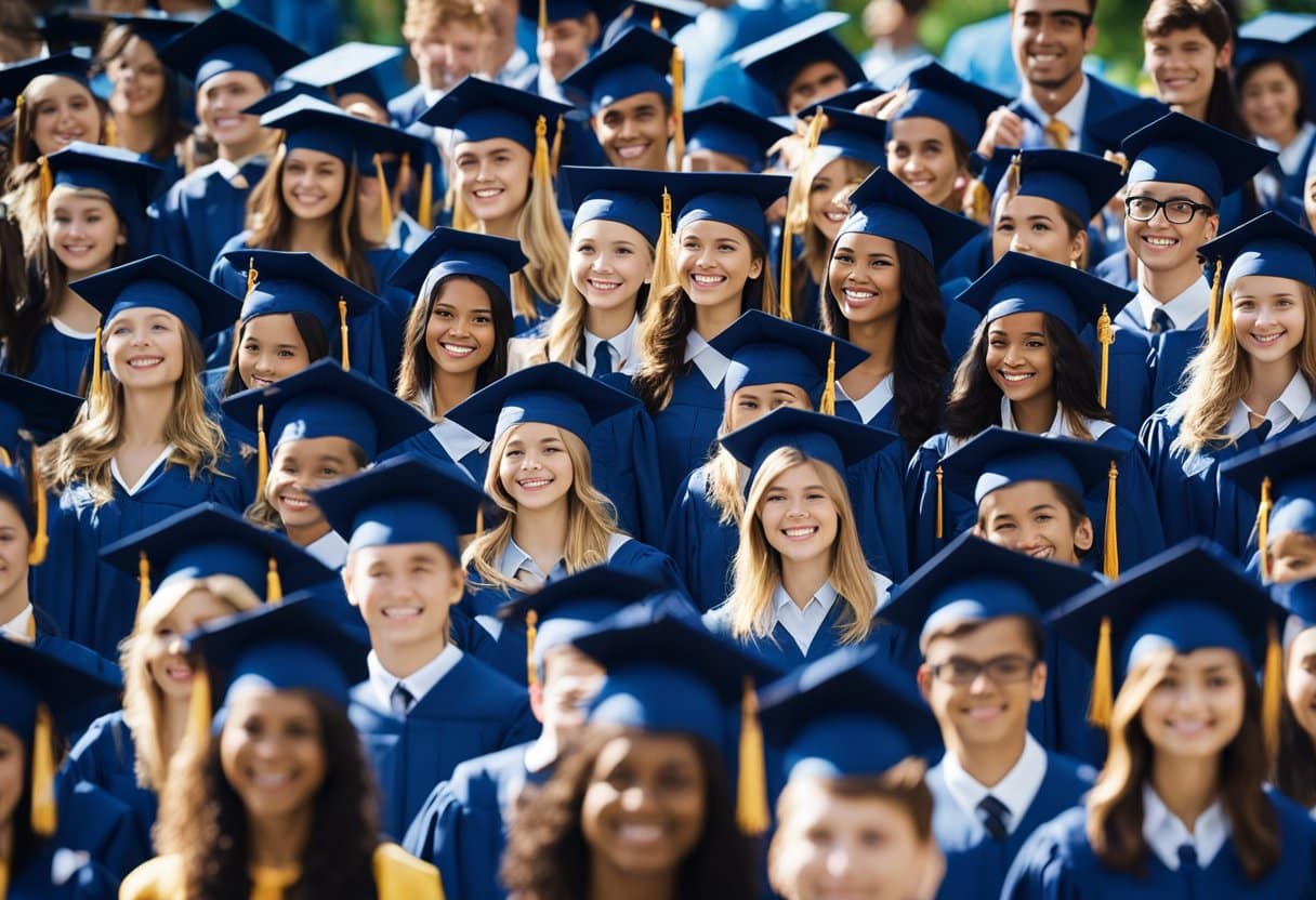 A group of students in graduation gowns and caps, holding yearbooks and smiling. Decorative banners and balloons adorn the hall