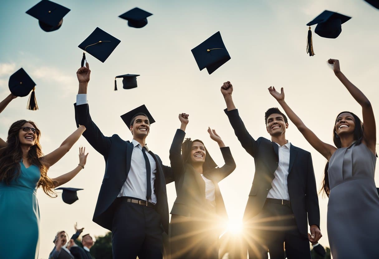 A group of graduates in formal attire, tossing their caps in the air, surrounded by proud family and friends