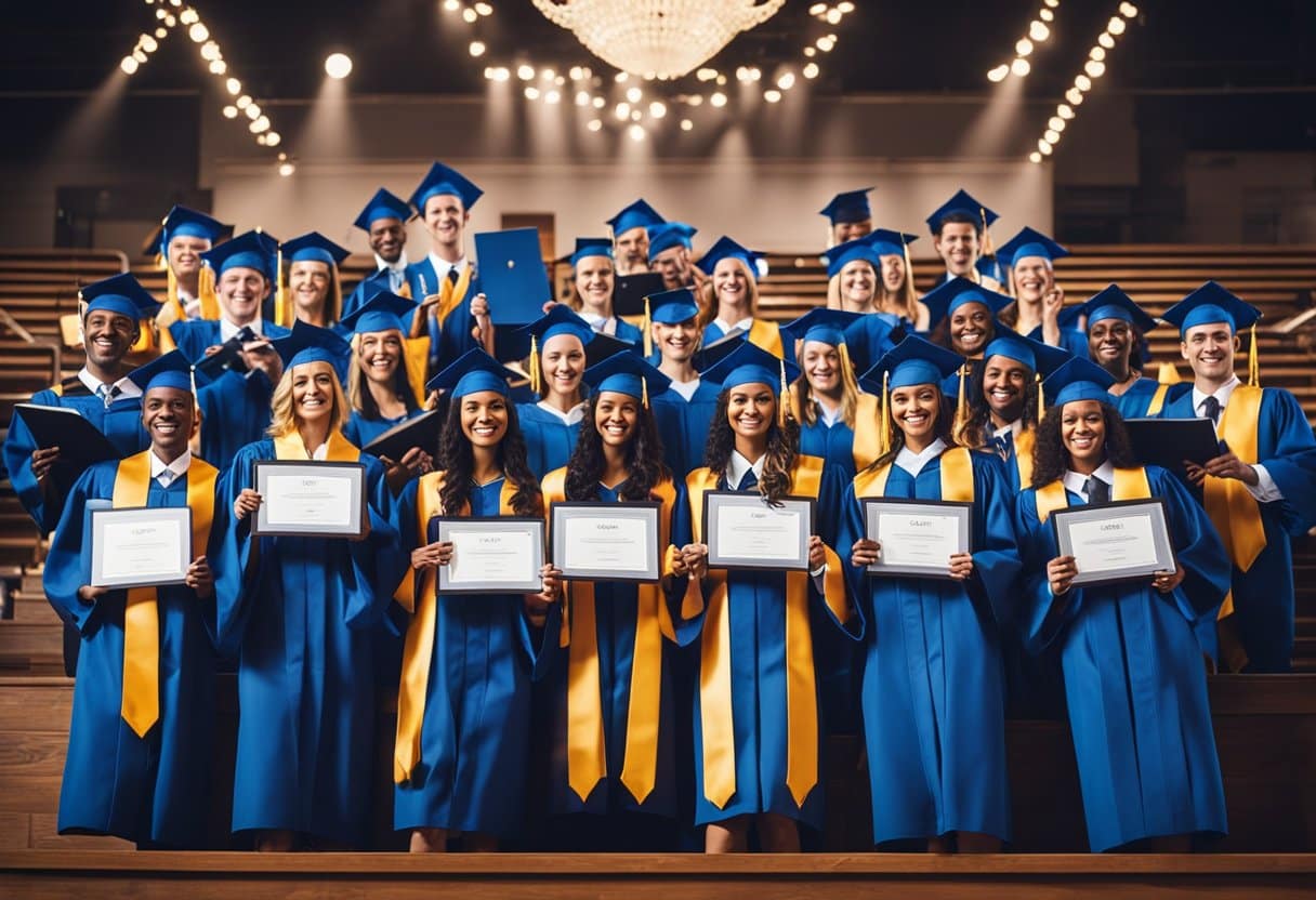 A group of graduates in formal attire stand on a stage, holding their diplomas and smiling proudly. The backdrop features the school's logo and the year. The audience cheers and applauds