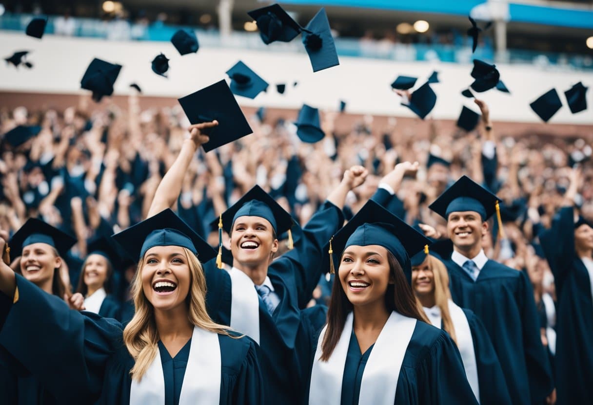 A group of graduates in caps and gowns toss their mortarboards in the air, celebrating their achievement. The stage is adorned with banners and flowers, while proud parents and teachers look on