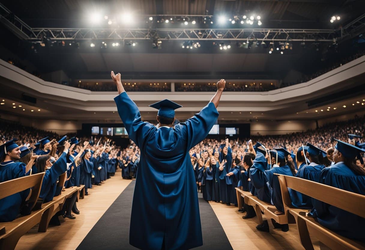 A group of students in graduation gowns and caps celebrating on stage with proud parents and teachers watching in the audience