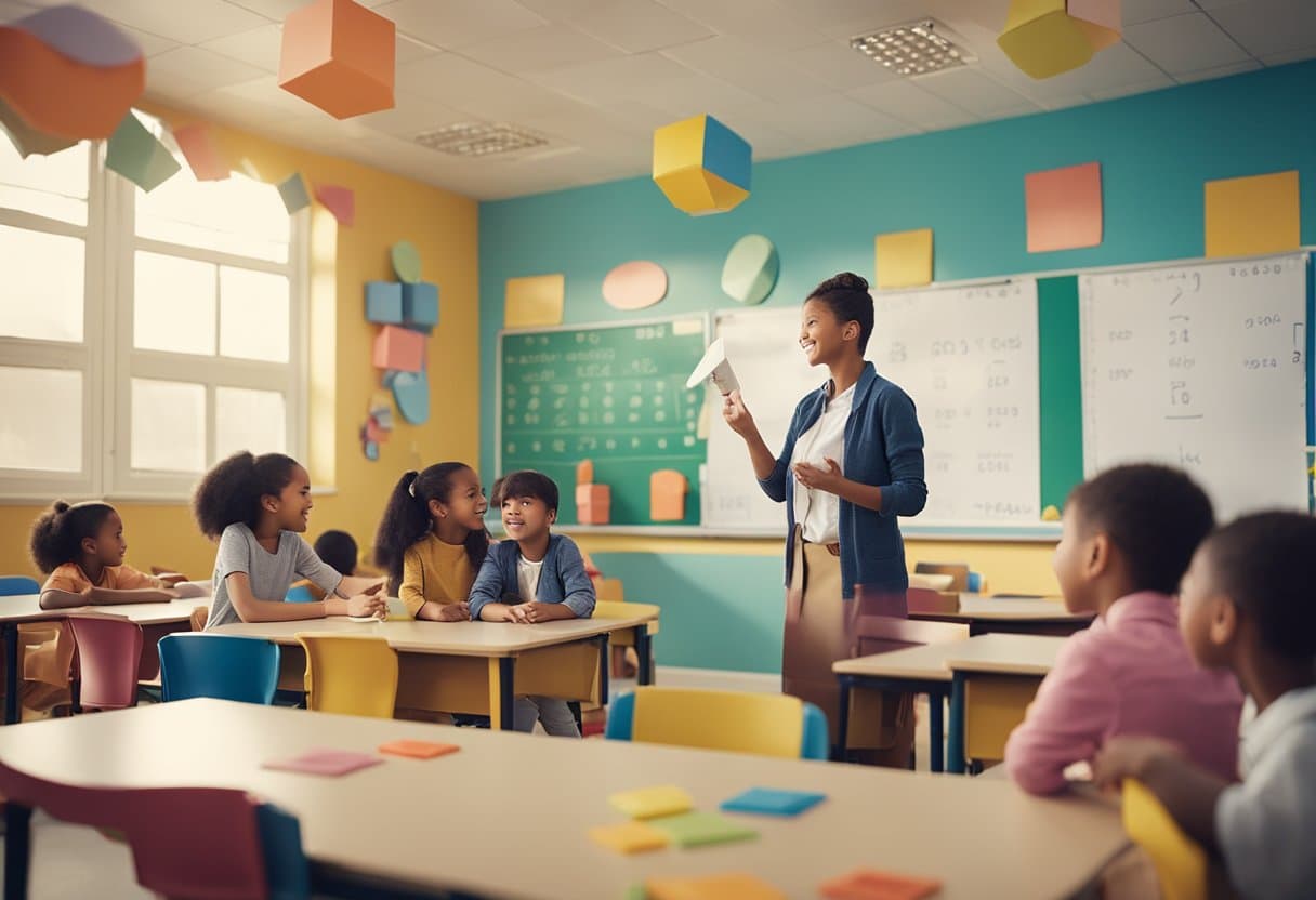 A colorful classroom with numbers and shapes on the walls, a teacher at the front, engaging with young students using visual aids and manipulatives to teach math concepts