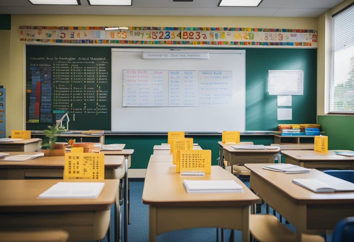 A classroom with colorful math manipulatives and charts, a teacher's desk with math textbooks and resources, and students' work displayed on the walls