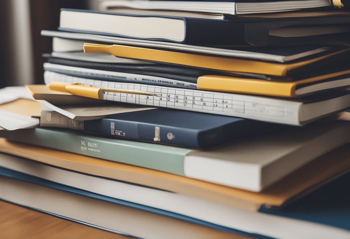 A stack of SATs papers with pencils and rulers arranged neatly on a desk, surrounded by supportive books and study materials