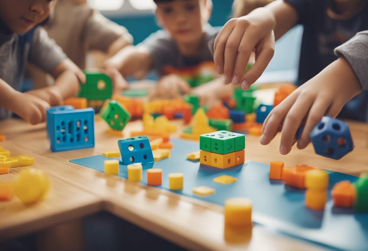 Children engaging in hands-on math activities with manipulatives, charts, and interactive games in a colorful classroom setting