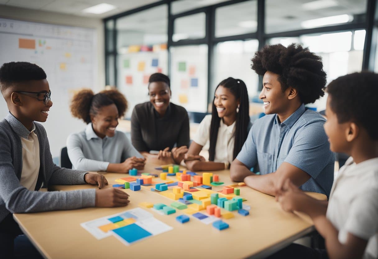 A classroom with colorful math manipulatives and charts, students engaged in group activities, teacher facilitating discussions and problem-solving