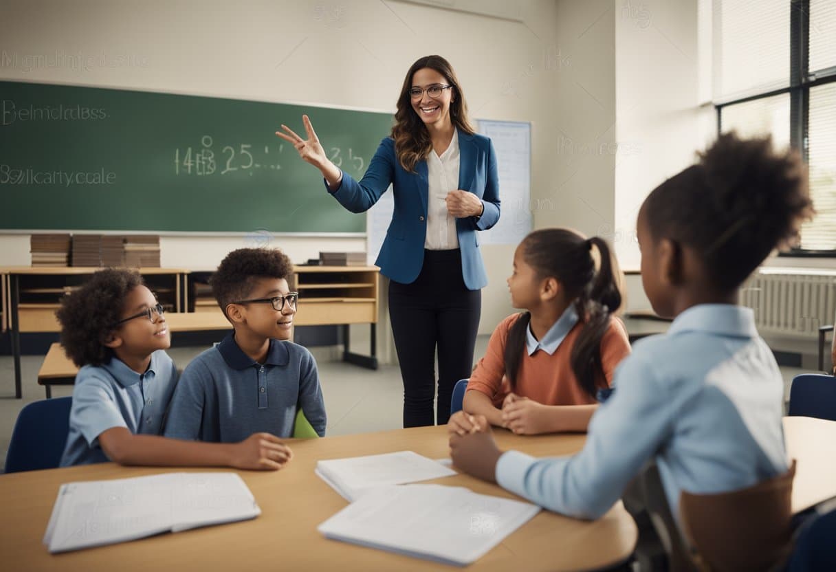 A classroom setting with a teacher explaining math concepts to a group of year three students, with visual aids and interactive activities