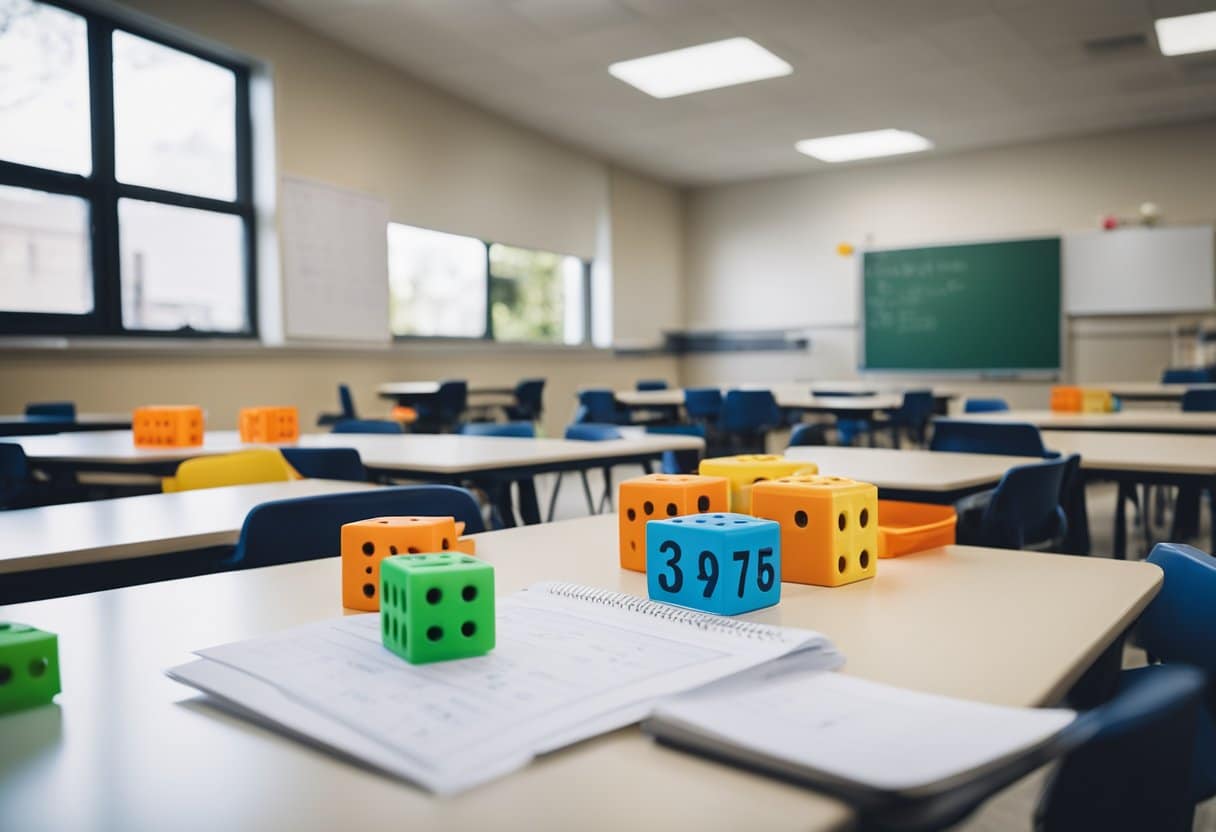 A classroom with math manipulatives, whiteboard, and assessment papers laid out for year three students