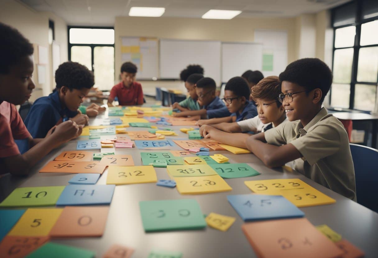 A classroom with colorful math posters, students working in groups, teacher explaining concepts, and hands-on math manipulatives
