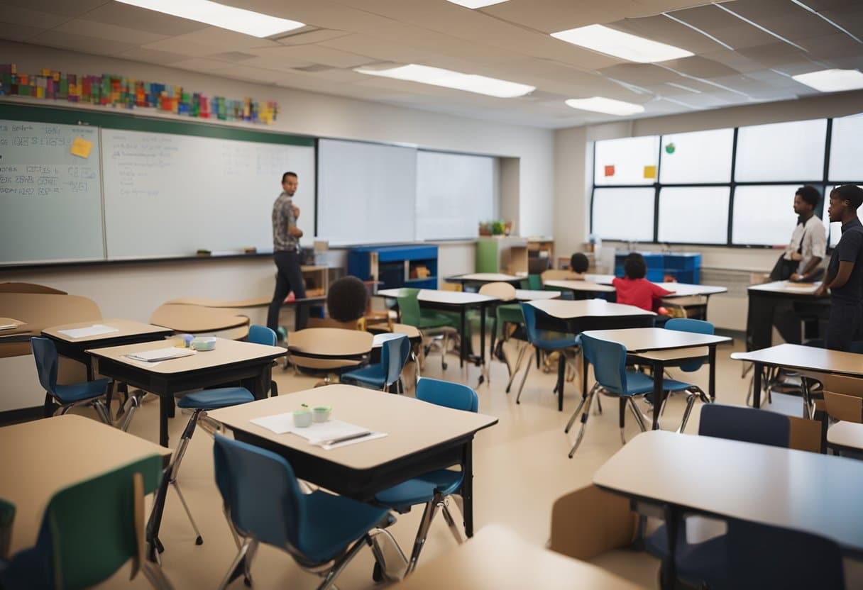 A classroom with colorful math manipulatives and charts on the walls. Students engaged in group activities and the teacher facilitating discussions