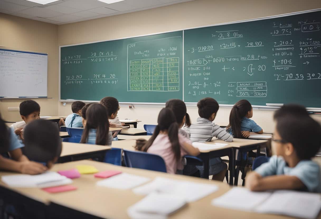 A classroom with colorful math manipulatives and charts, a whiteboard with equations, and engaged students working on math problems