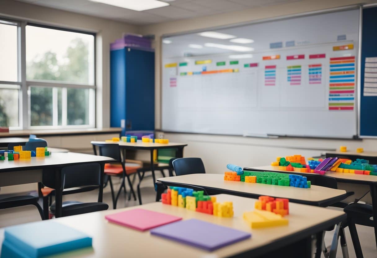 A classroom with math manipulatives, whiteboard, and colorful posters. A teacher's desk with textbooks and resources for year five math curriculum