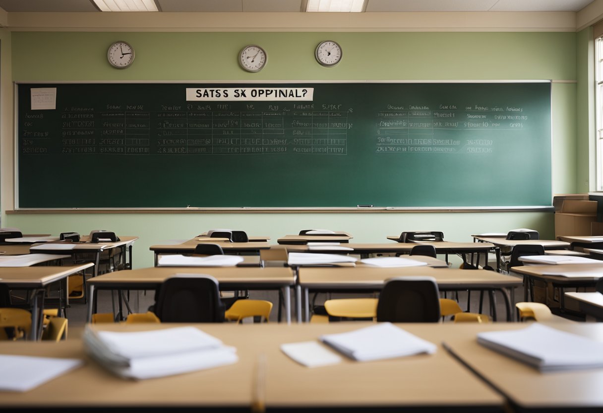 A classroom with rows of desks, a stack of test papers on the teacher's desk, and a sign reading "Year Six SATs Optional?" on the chalkboard