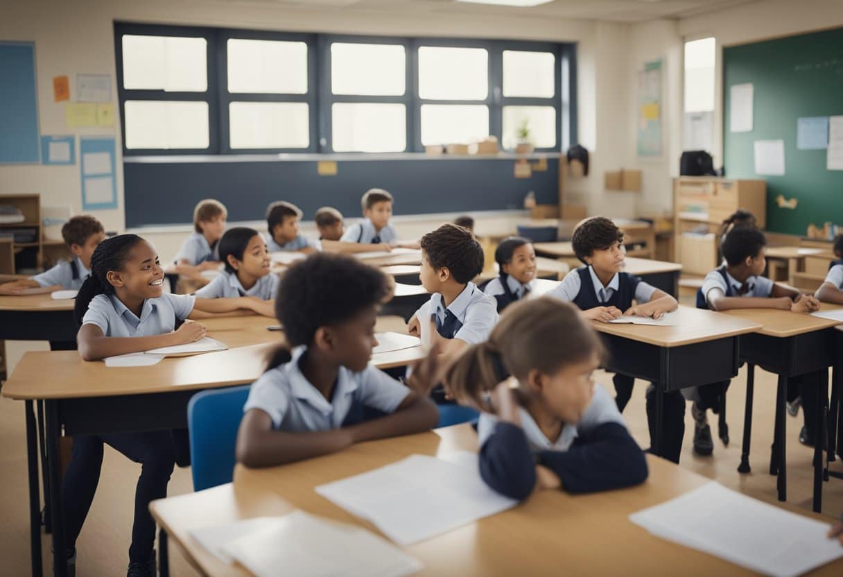 A classroom with students learning maths in Year Five, with a teacher explaining concepts and students engaged in various activities