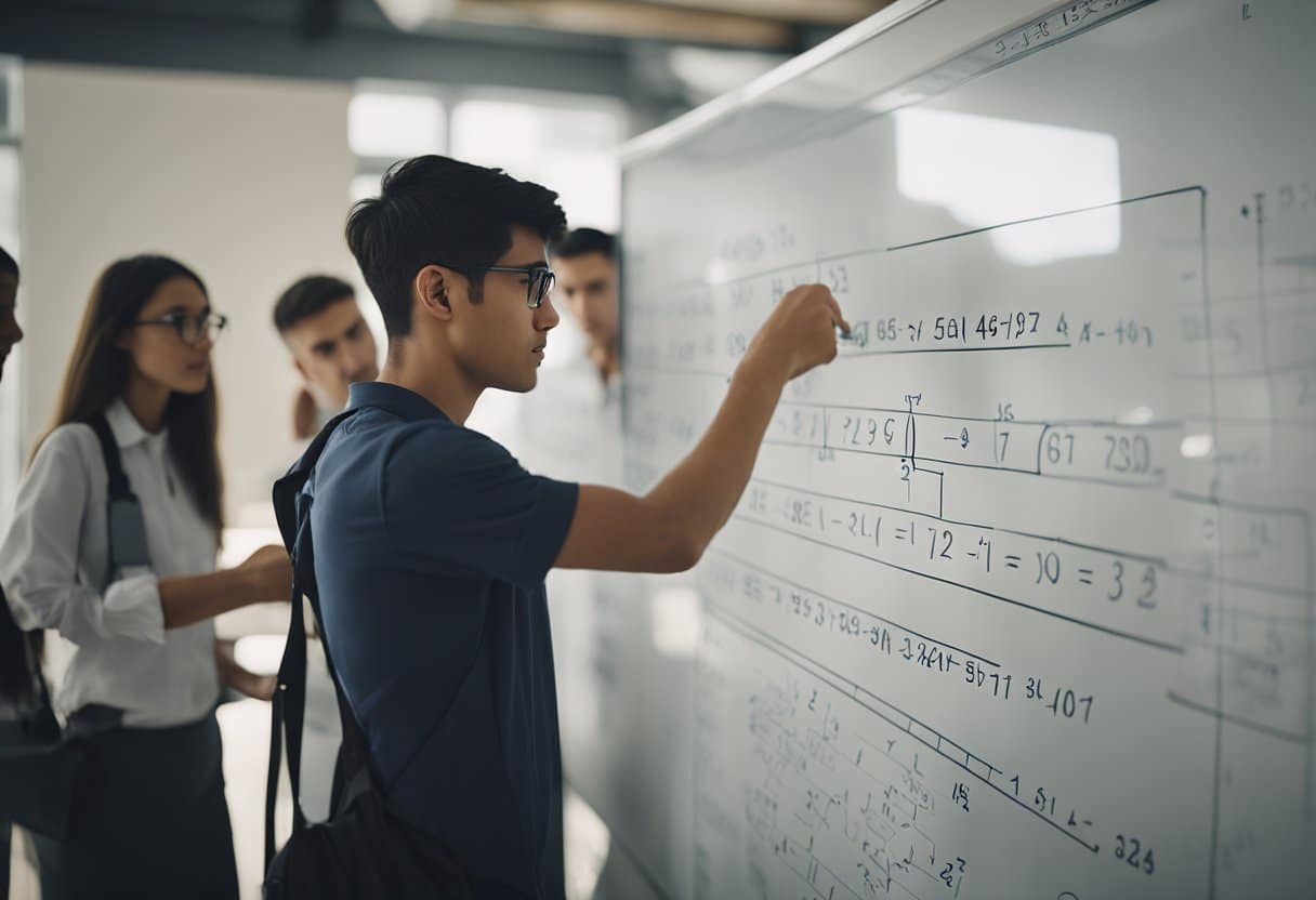 Students solving equations on a whiteboard while using everyday objects to understand mathematical concepts
