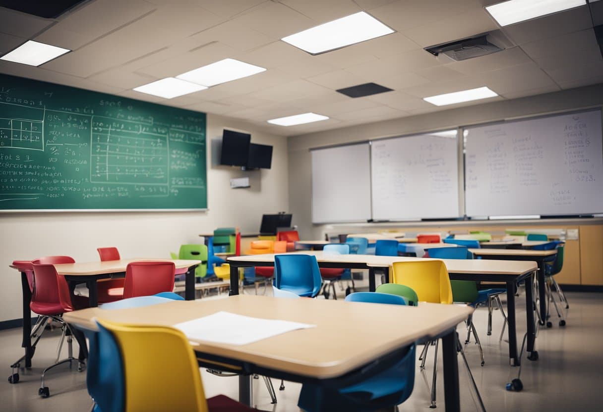 A classroom with colorful math posters, a whiteboard with equations, and students' desks arranged in groups for collaborative learning