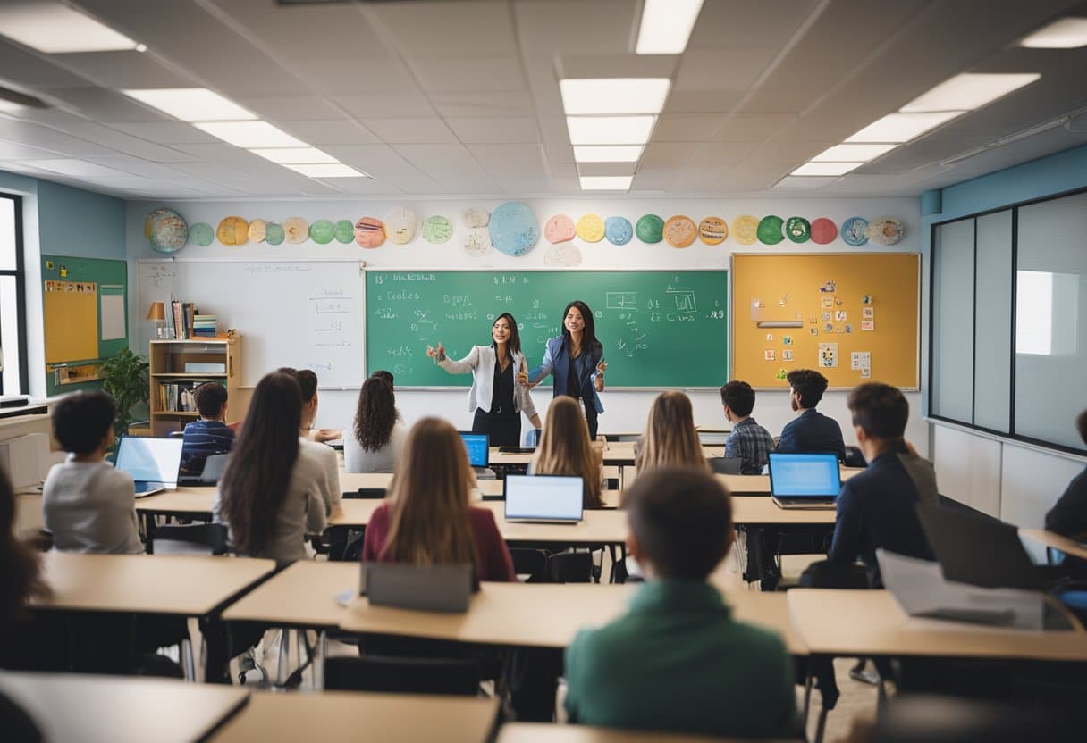 A classroom with colorful posters and math symbols on the walls, students engaged in group activities, and a teacher leading a lively discussion on a whiteboard