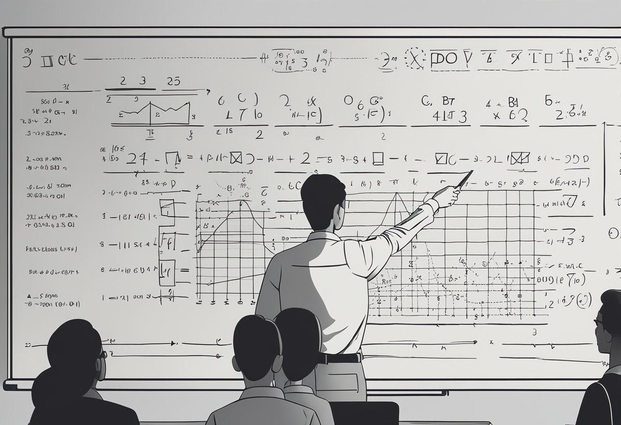 A whiteboard filled with algebraic equations, geometric shapes, and a graph. A teacher pointing to the board, explaining concepts to a group of attentive students