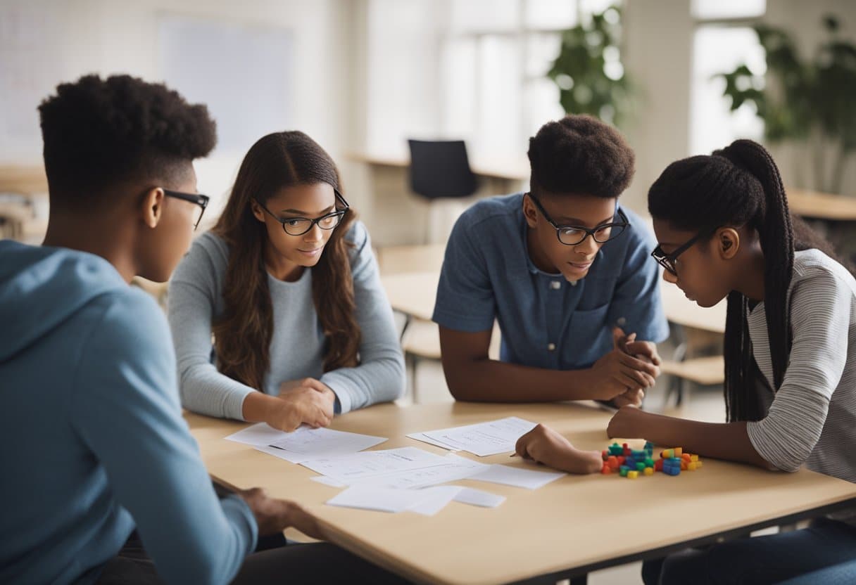 A group of students collaborate on solving math problems, using visual aids and manipulatives to understand mathematical concepts