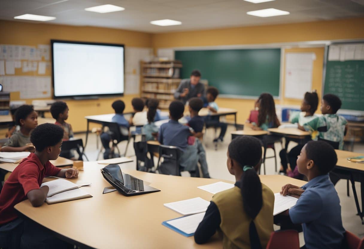 A classroom with diverse math materials and resources, students engaged in group discussions, and a teacher leading a dynamic lesson on advanced mathematical concepts