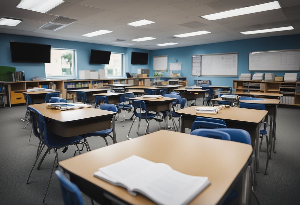 Students' desks arranged in a classroom, with textbooks, calculators, and whiteboards. A teacher's desk at the front, filled with teaching materials