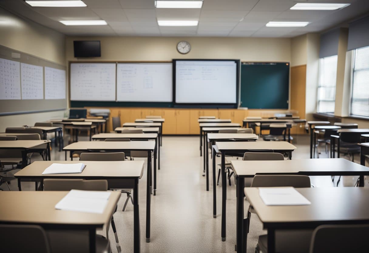 A classroom with math textbooks and charts on the walls, a whiteboard with equations, and students' desks arranged in rows