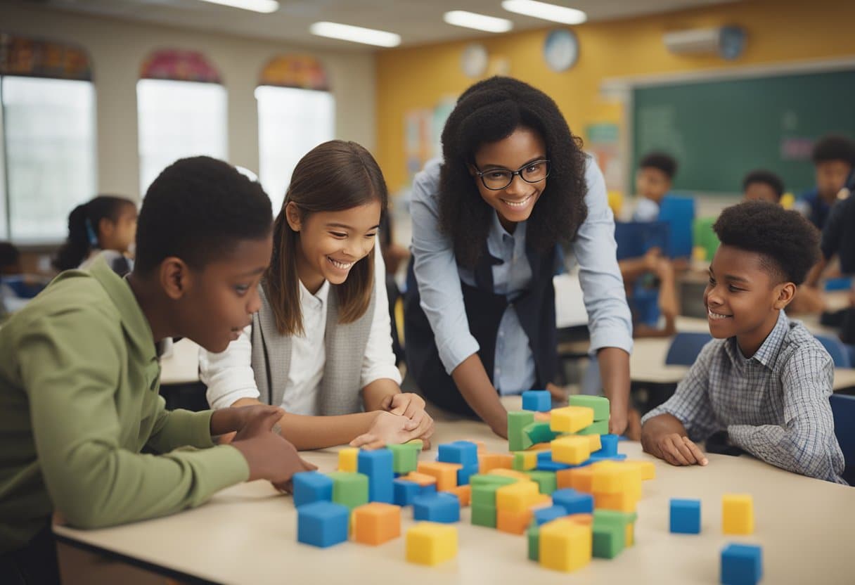 A group of students engage in collaborative problem-solving activities, using visual aids and manipulatives to explore mathematical concepts. The teacher facilitates discussions and encourages reasoning skills