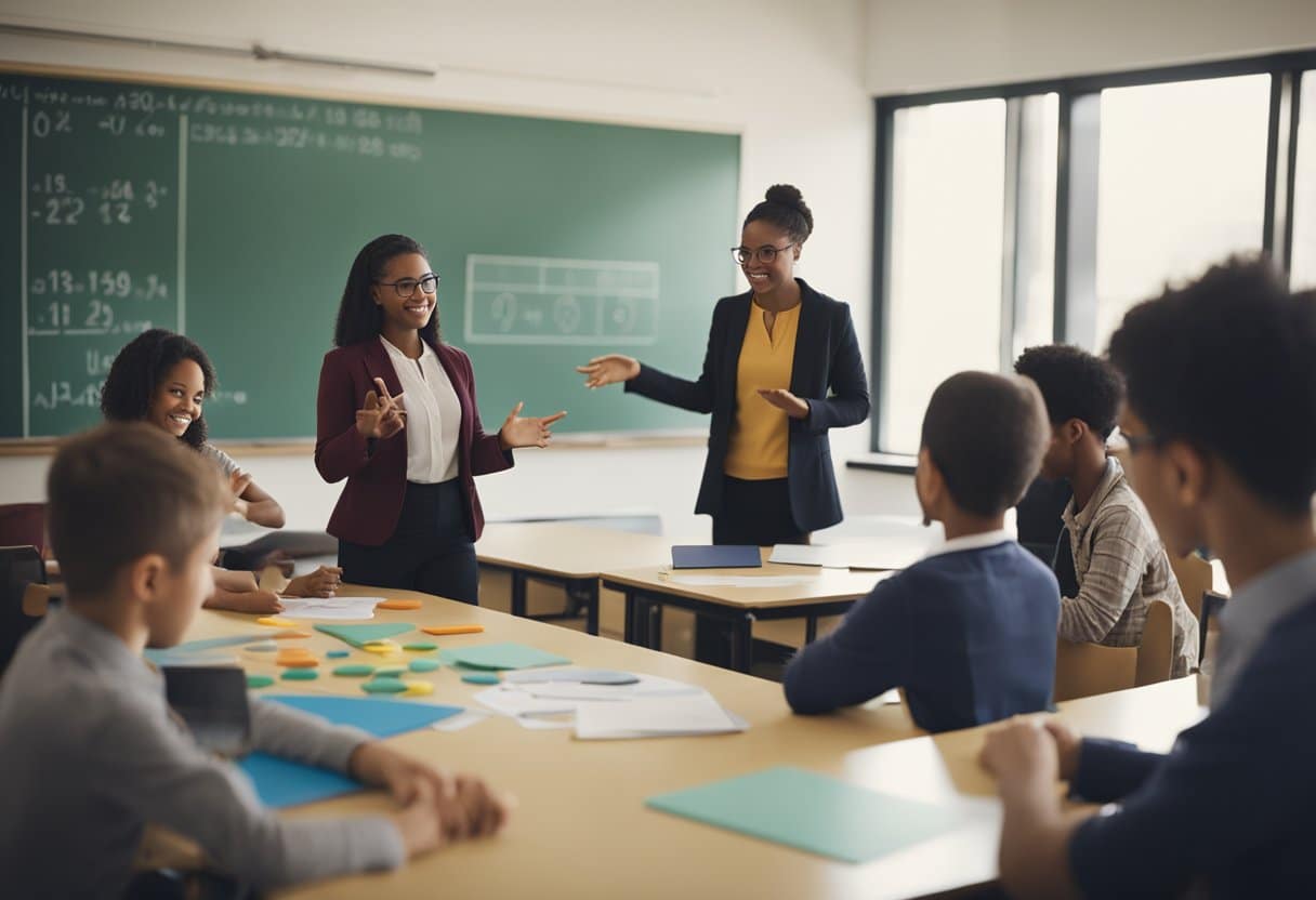 A classroom with geometric shapes on display, students engaged in hands-on activities, and a teacher using visual aids to explain mathematical concepts