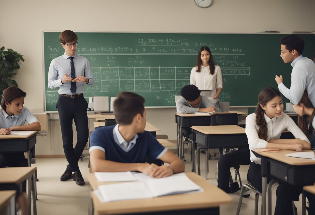 A classroom with students solving trigonometry problems on the board, while the teacher explains Pythagoras' theorem. Books and calculators are scattered on the desks